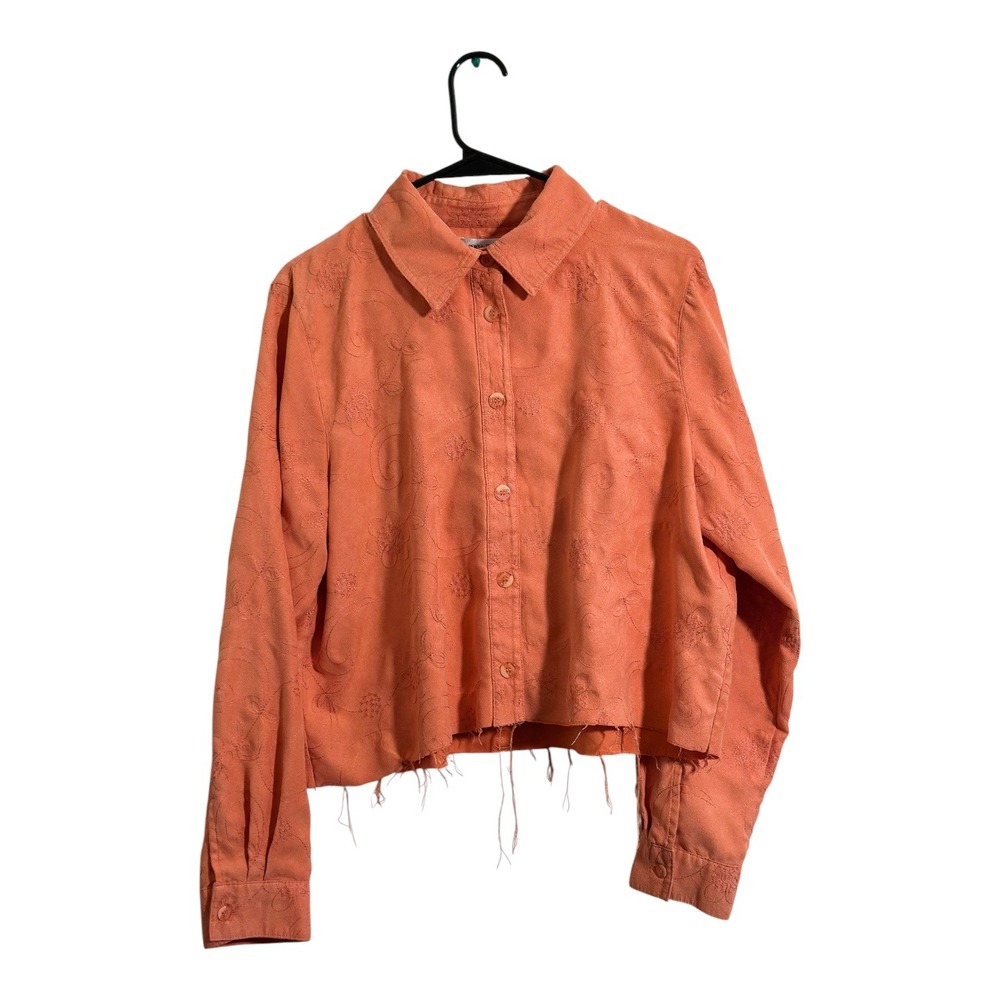 Drapers & Damons Coral Floral Embroidered Faux Suede Raw Hem Button-Up Top Large